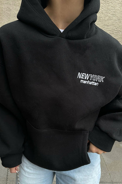 Black New York Written Hooded Sweat