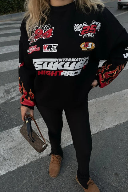 Siyah Racing Baskılı Sweatshirt