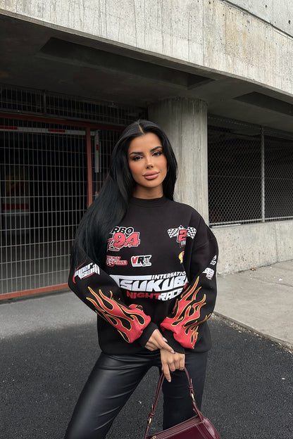 Siyah Racing Baskılı Sweatshirt