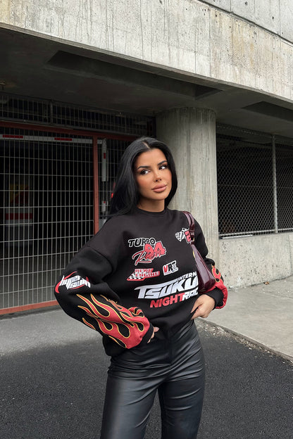 Siyah Racing Baskılı Sweatshirt