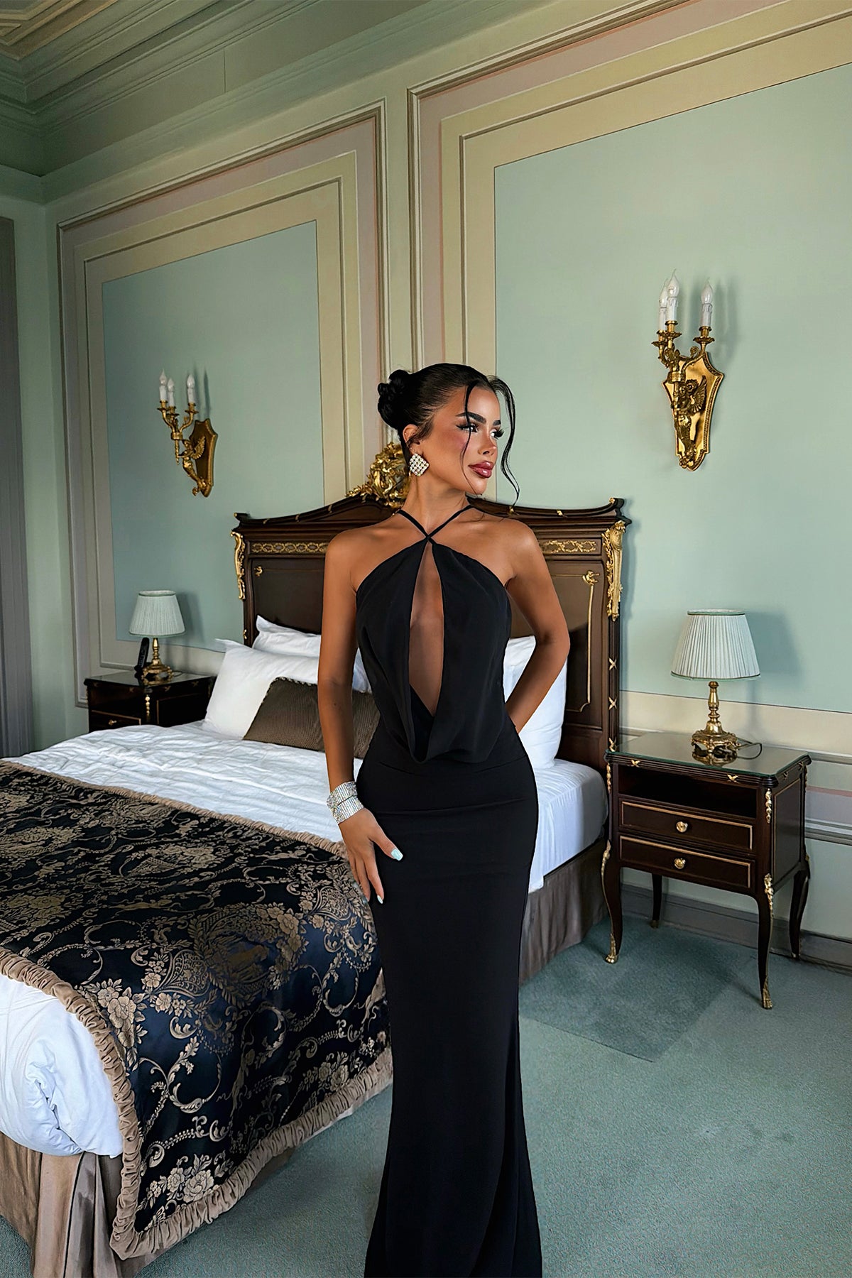 Siyah Sırt Detay Uzun Elbise ATE6512 12