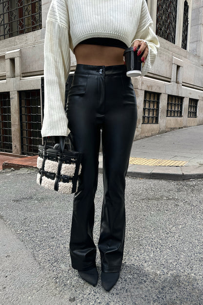 Black High Waist Leather Trousers