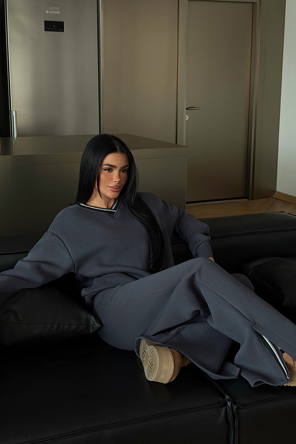 Smoke Grey V-Neck Tracksuit Set