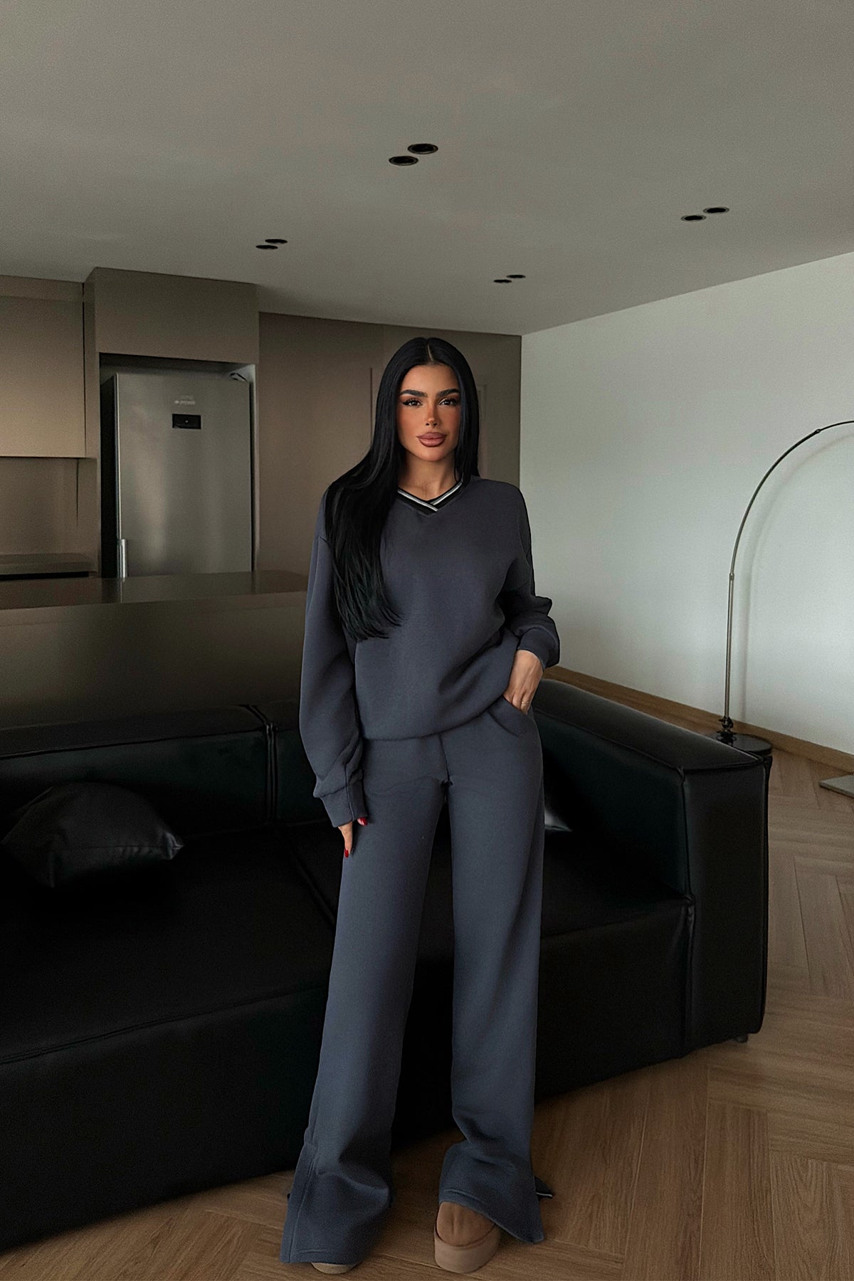 Smoke Grey V-Neck Tracksuit Set