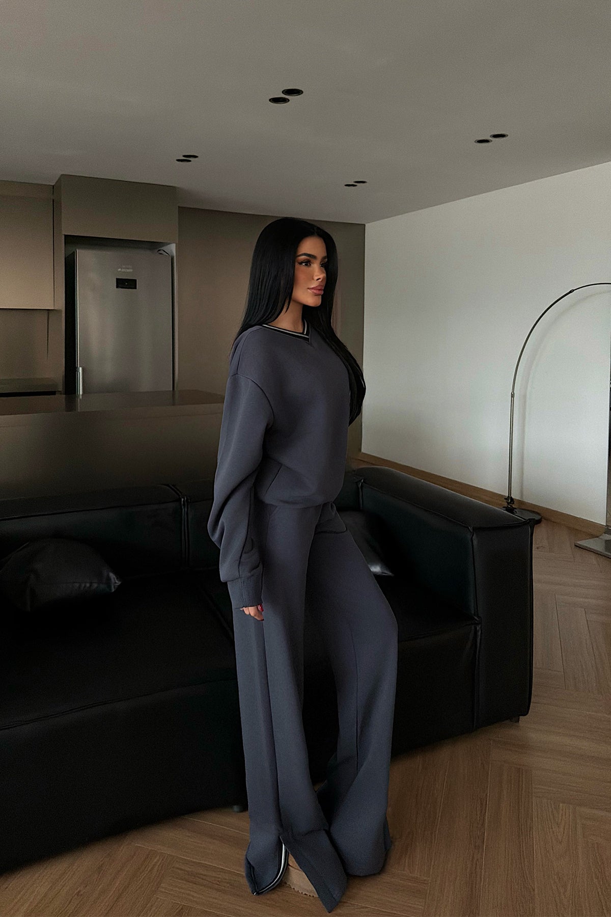 Smoke Grey V-Neck Tracksuit Set