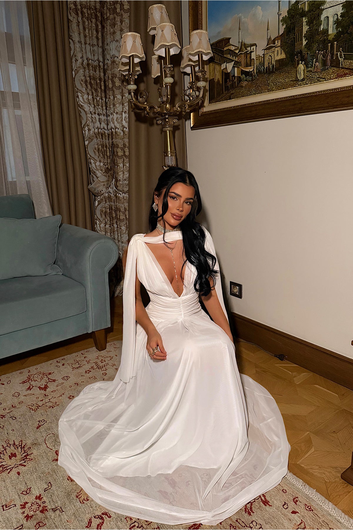 White Gathered Detail Dress