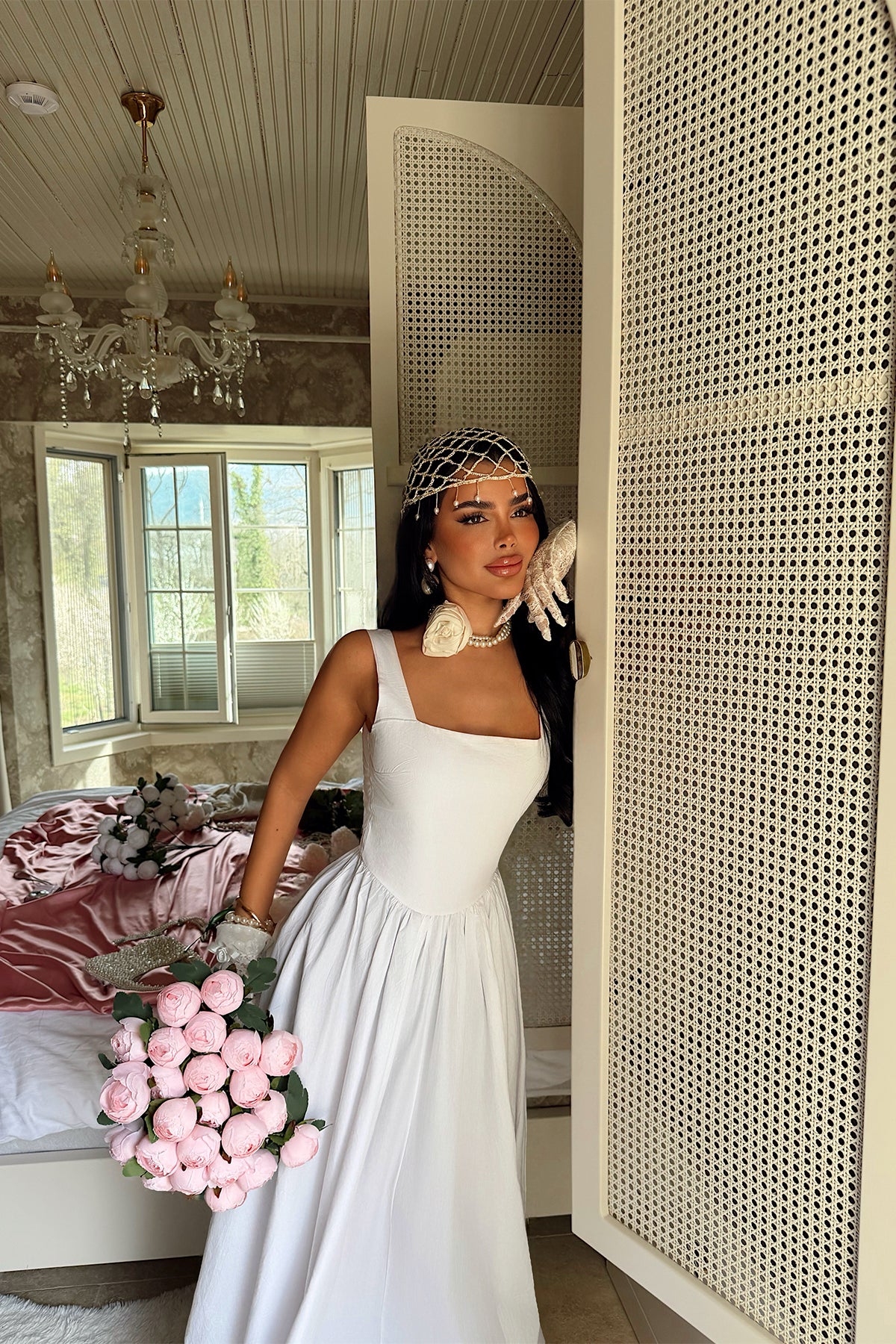 White Square Neck Strappy Long Dress