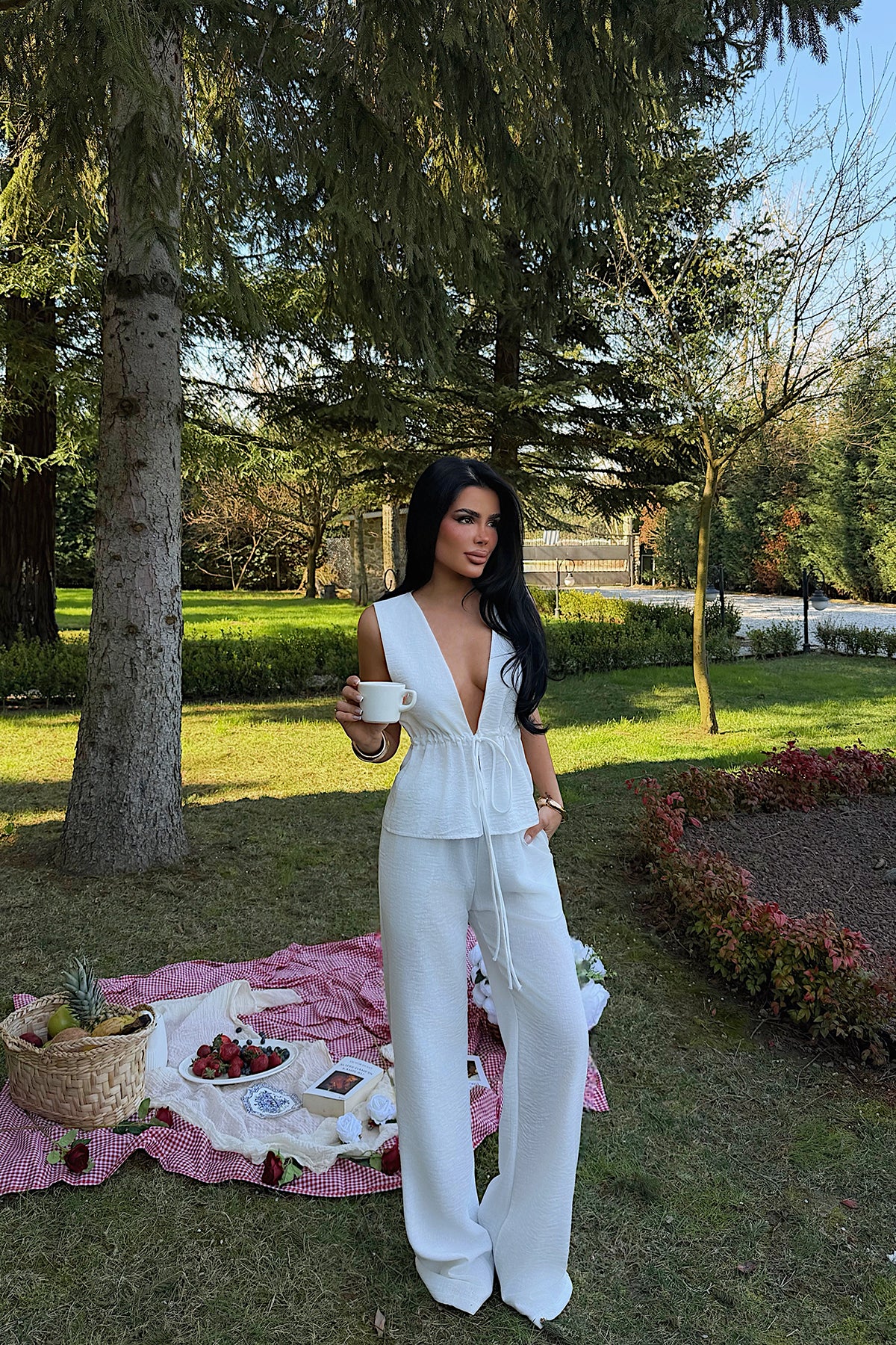 White Tie-Up Vest and Trousers Set