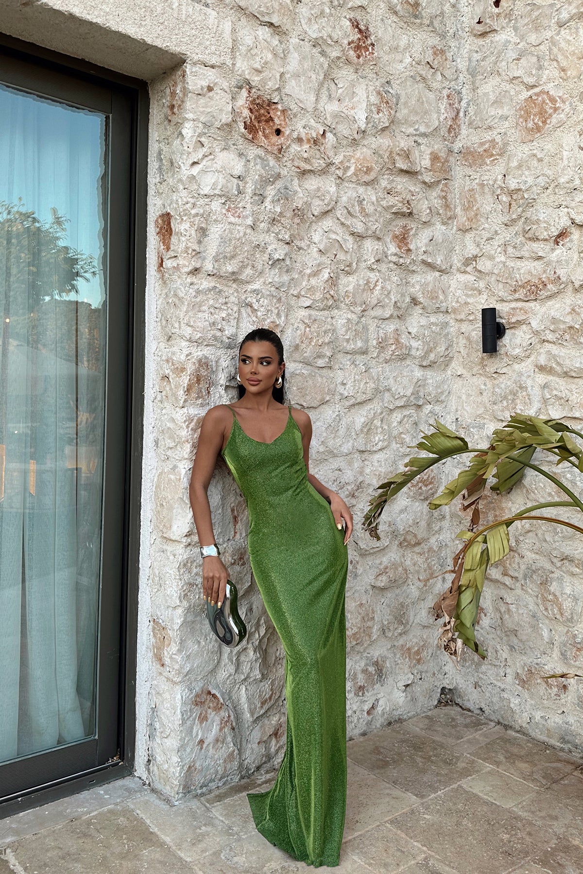 Green Strappy Glittery Long Dress