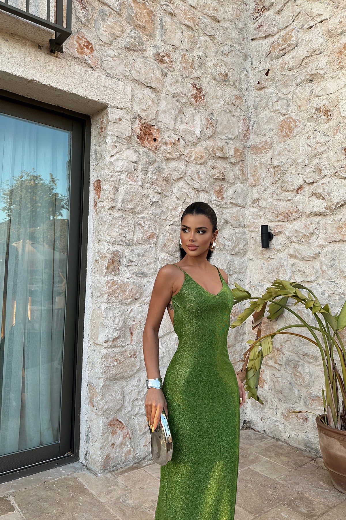 Green Strappy Glittery Long Dress