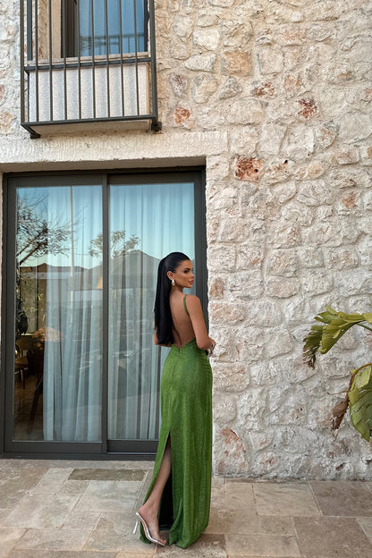 Green Strappy Glittery Long Dress