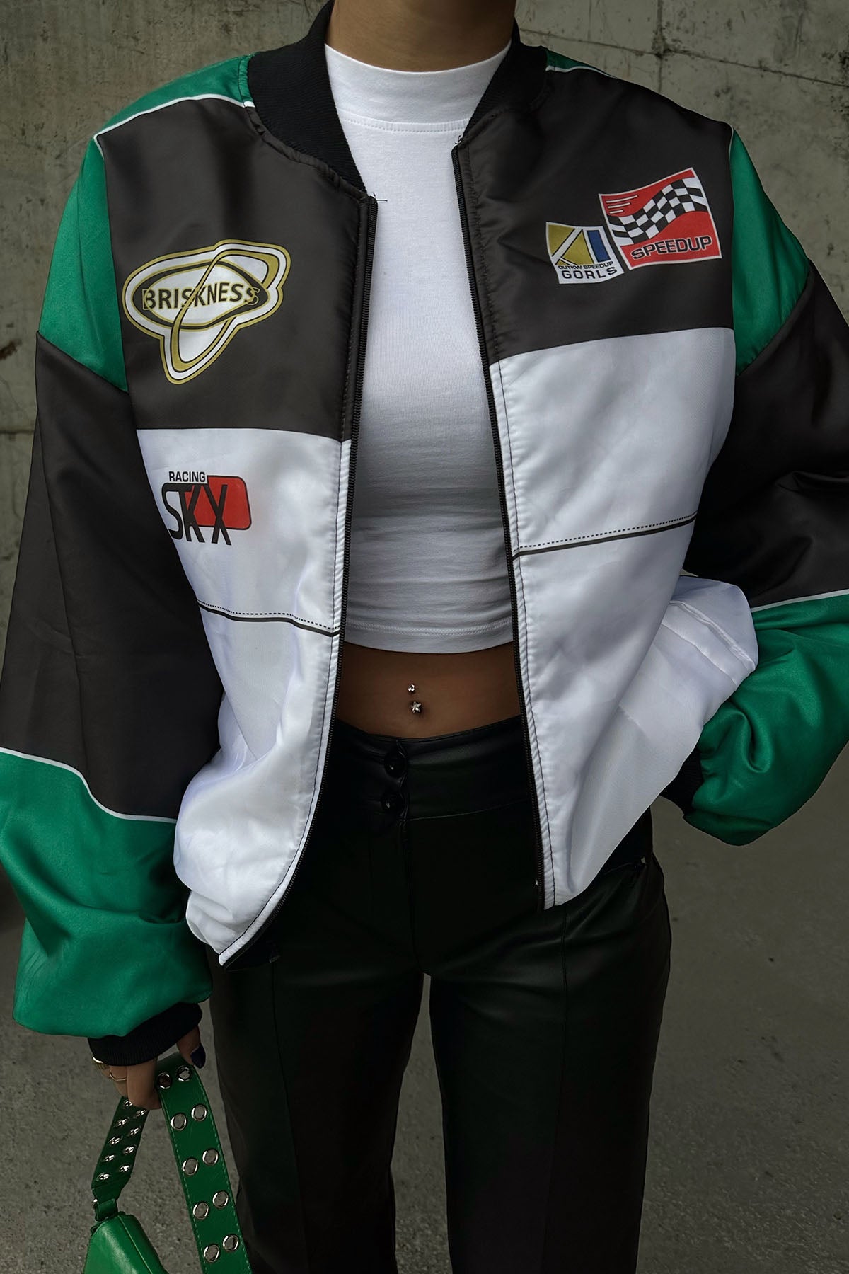 Green Front Printed College Jacket